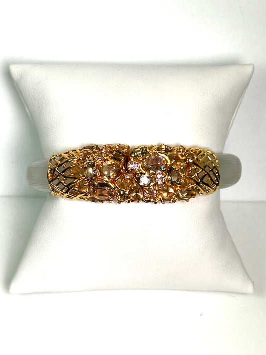 Alexis Bittar hand carved Lucite white / lavendar hinged bangle