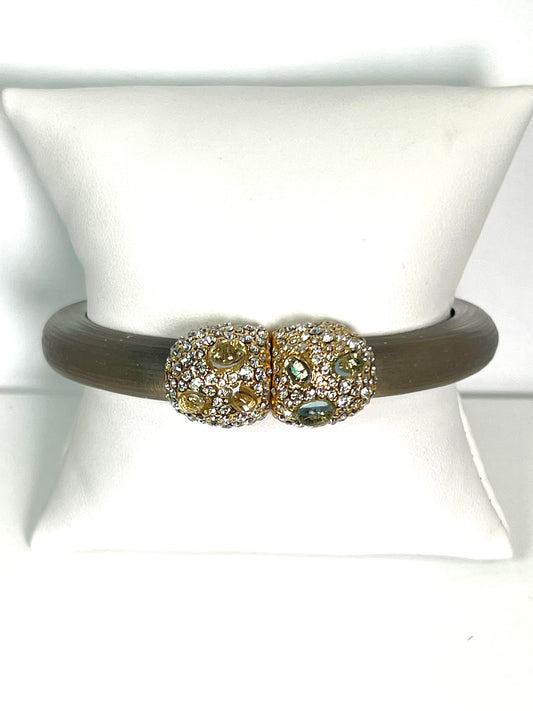 Alexis Bittar hand carved champagne / clear Lucite hinged bangle bracelet