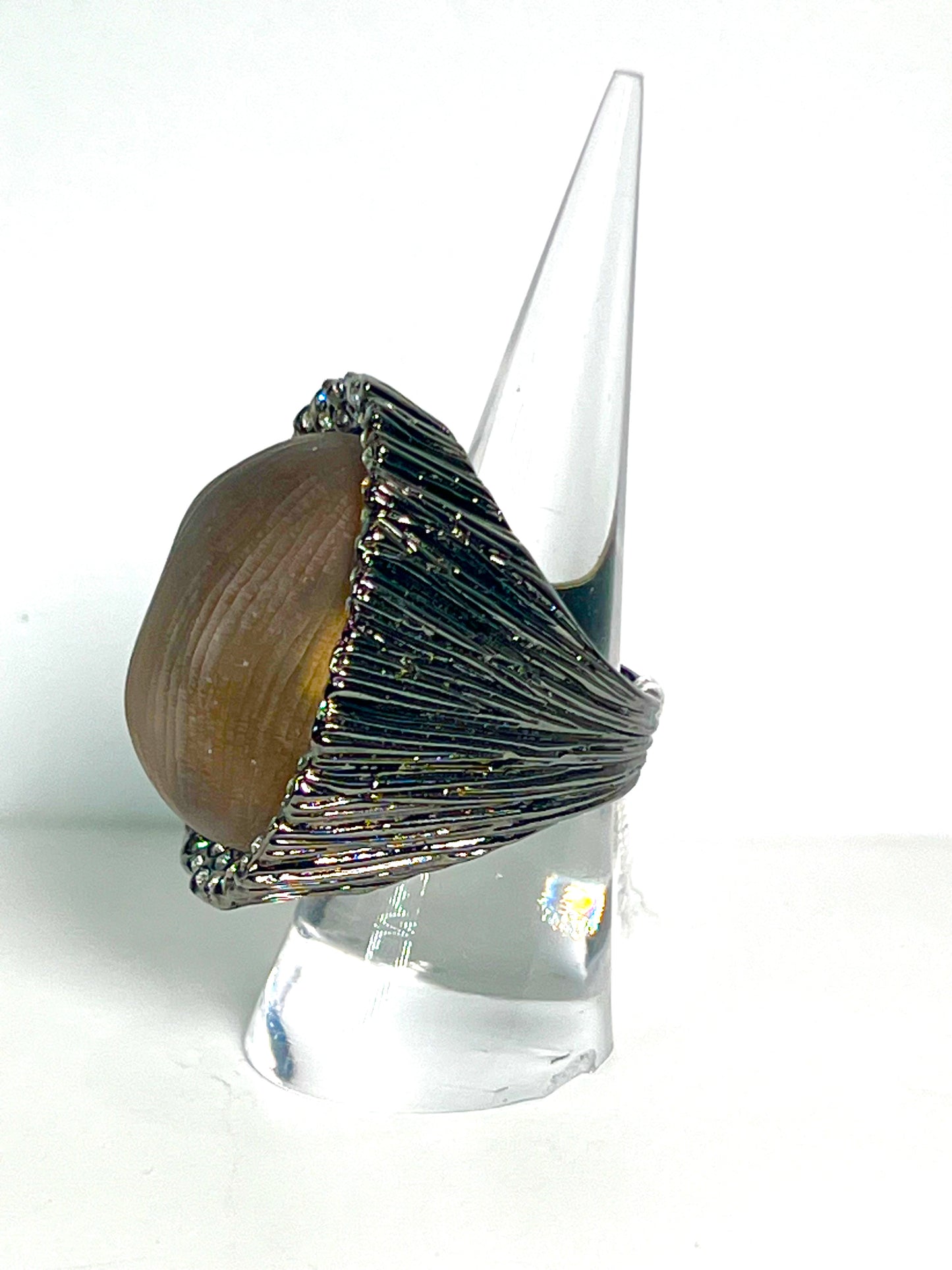 Alexis Bittar vintage hand carved brown Lucite ring.