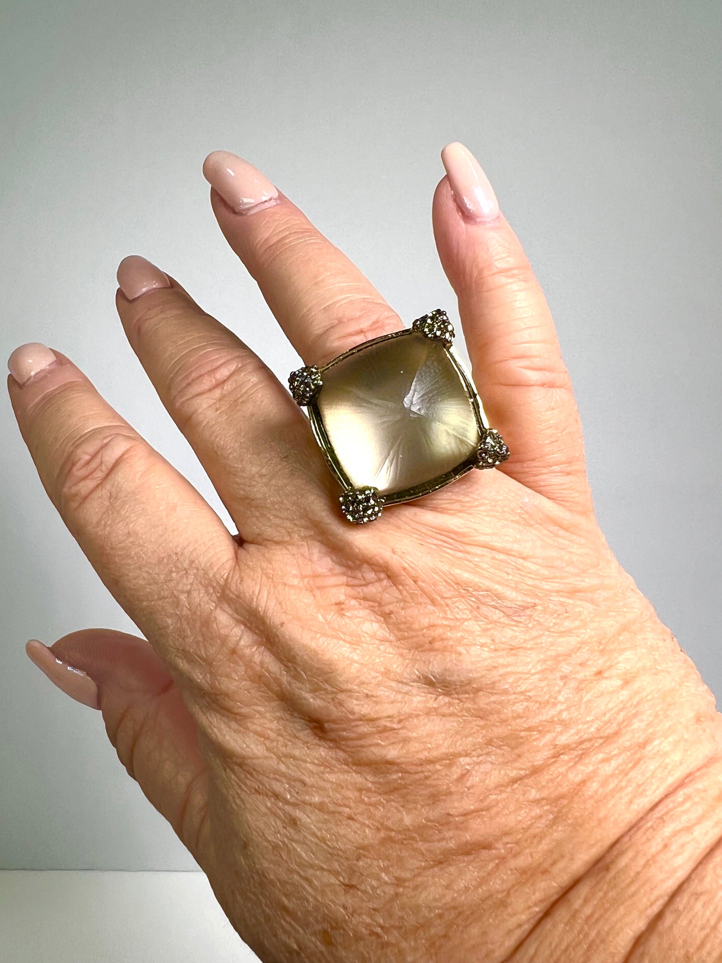 Alexis Bittar vintage hand carved golden Lucite ring.
