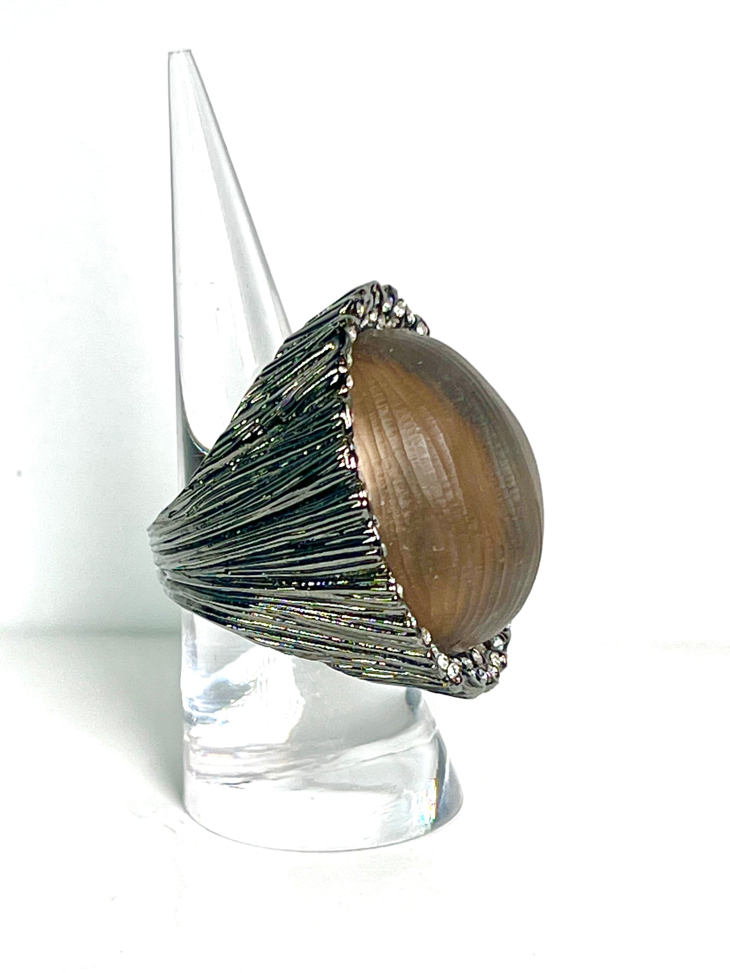 Alexis Bittar vintage hand carved brown Lucite ring.
